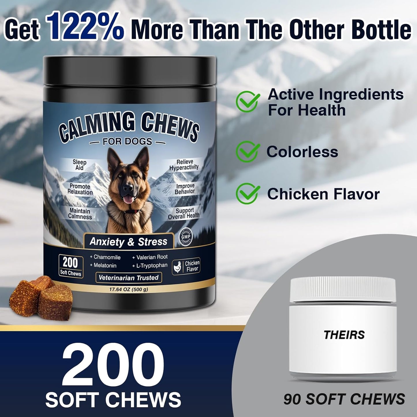 VUN calming soft chews for large and small dogs suffering from separation anxiety.