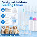 Complete sixteen piece Tondiamo pet nursing solution arranged with bottles, cleaning tools, and flexible rubber nipples.