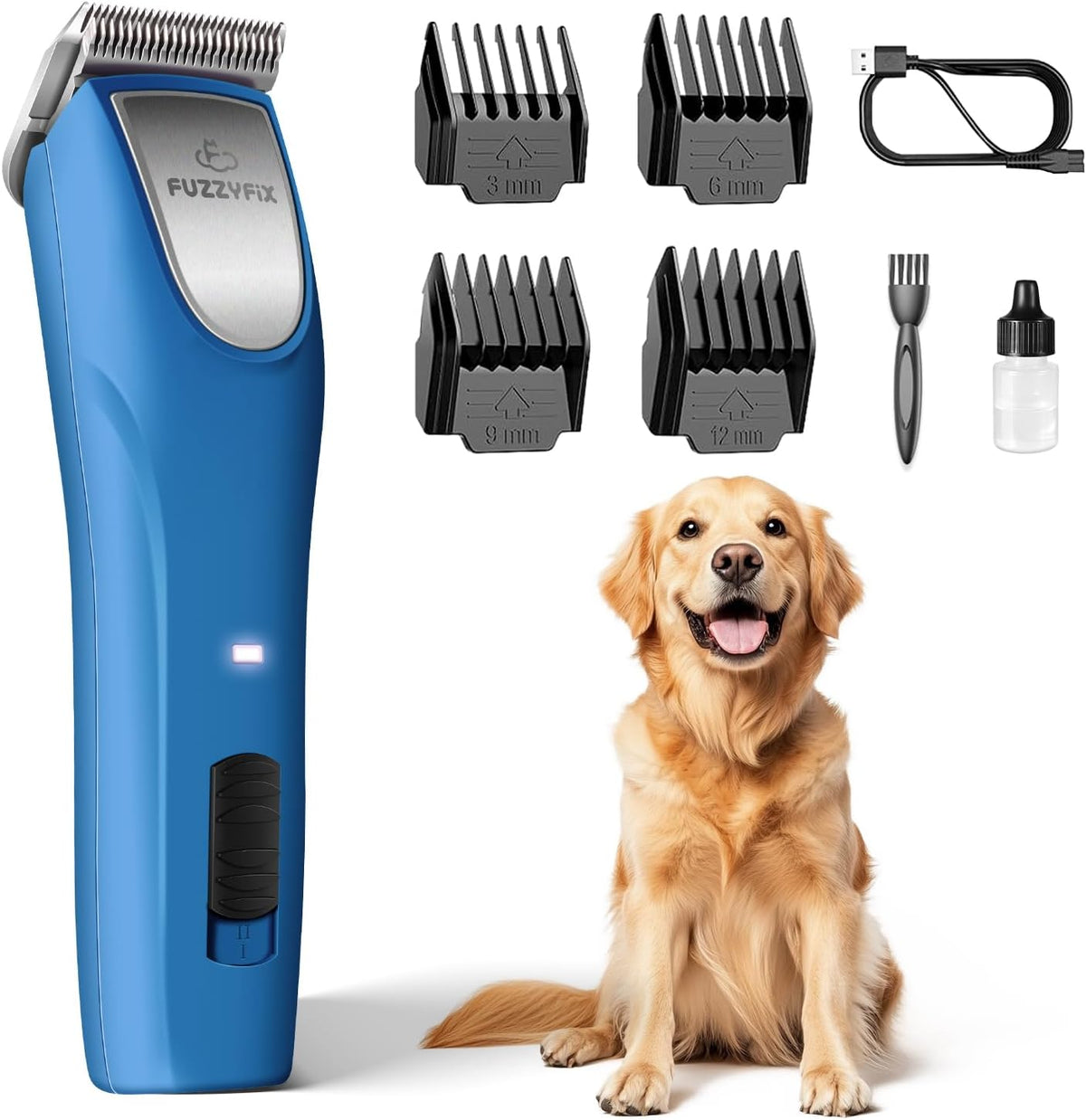 FuzzyFix violet professional dog hair clipper being cleaned under maintenance procedures.