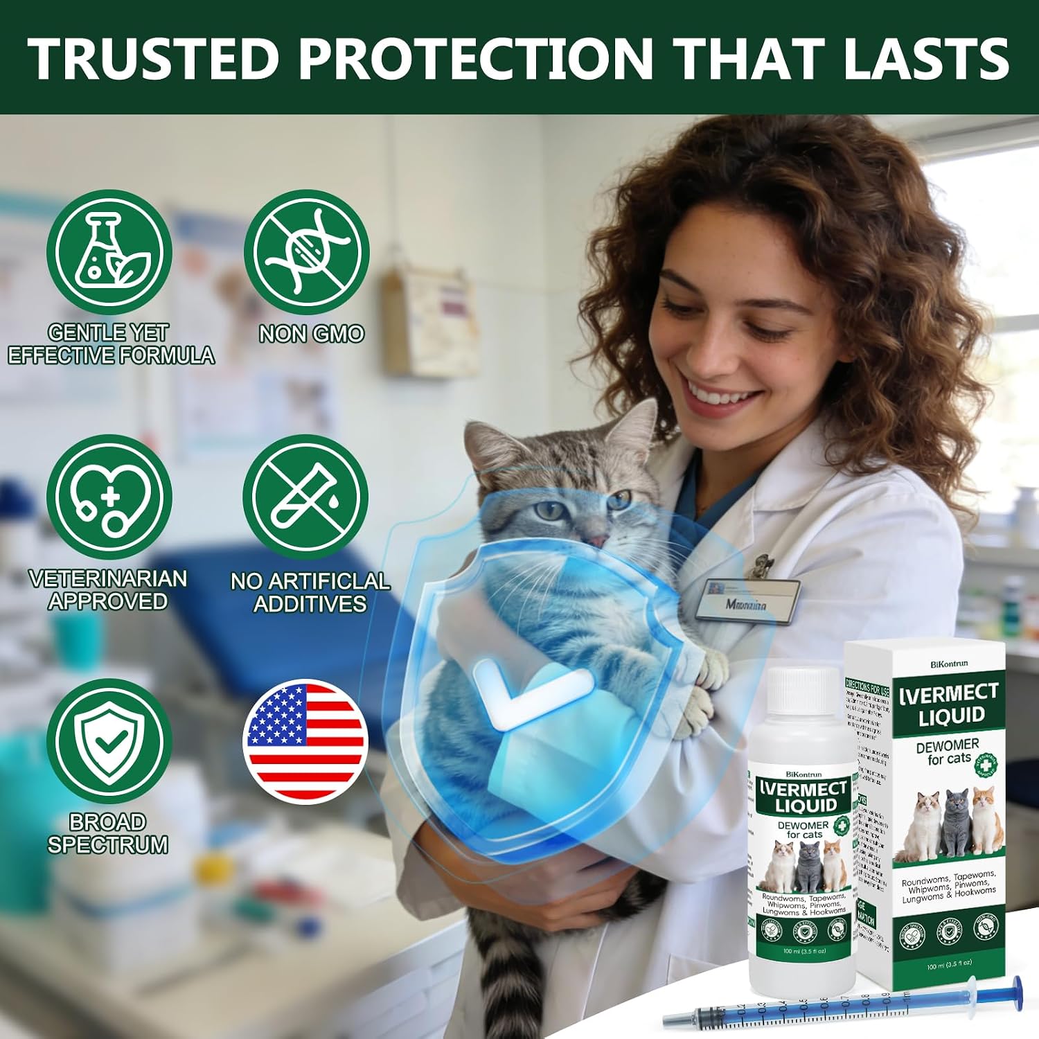Authentic USA imported cat dewormer liquid from LuxeVib being measured with a syringe