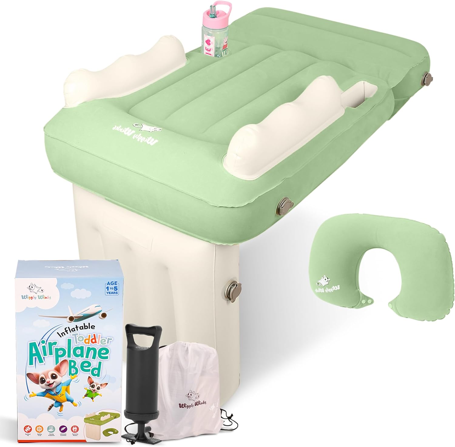 Wiggly Winks Toddler Airplane Bed front view in sage green color on an airplane seat