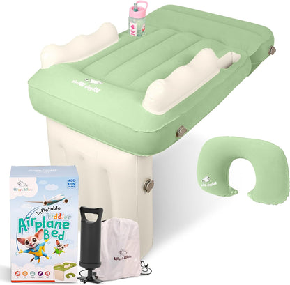 Wiggly Winks Toddler Airplane Bed front view in sage green color on an airplane seat