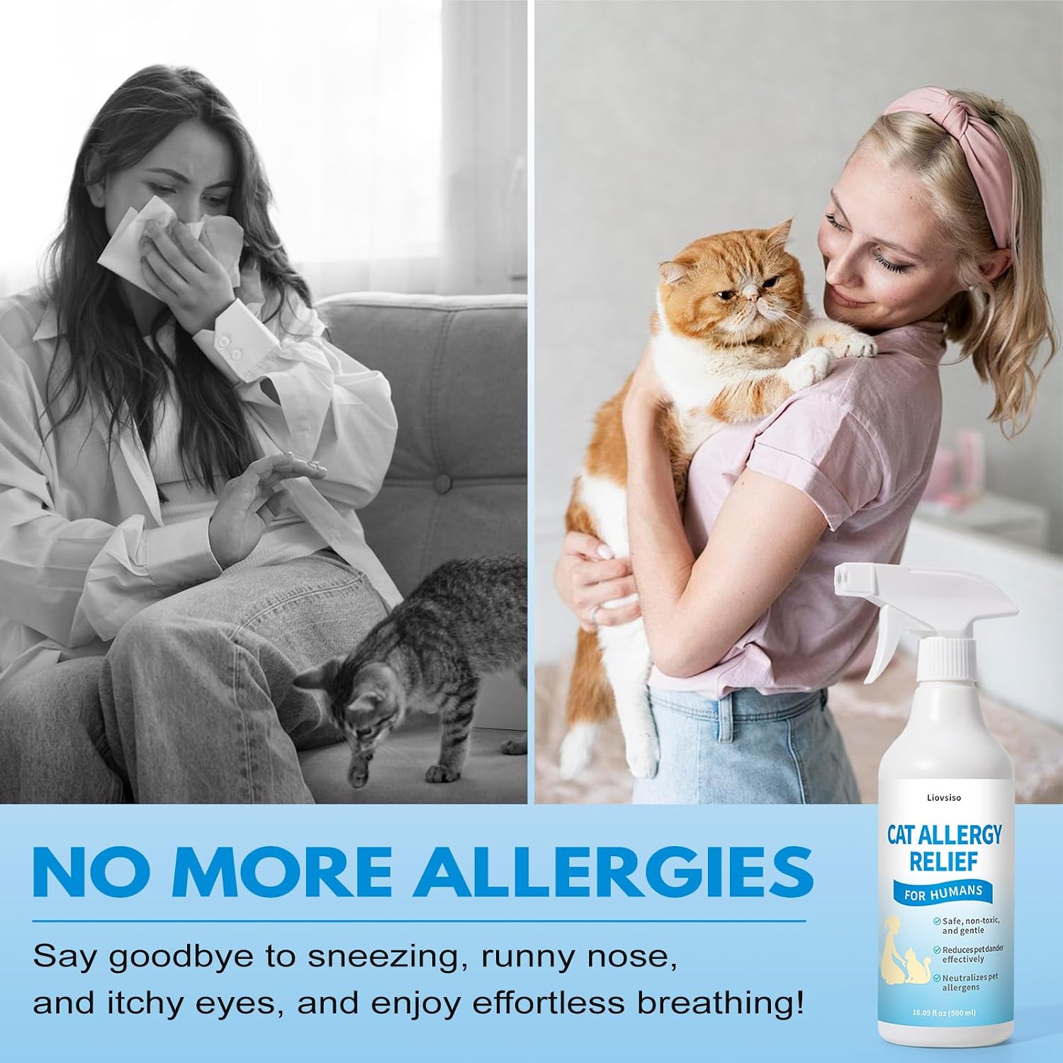 Cat allergy relief spray for humans being applied to the included paw shaped glove