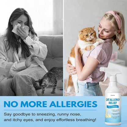 Cat allergy relief spray for humans being applied to the included paw shaped glove