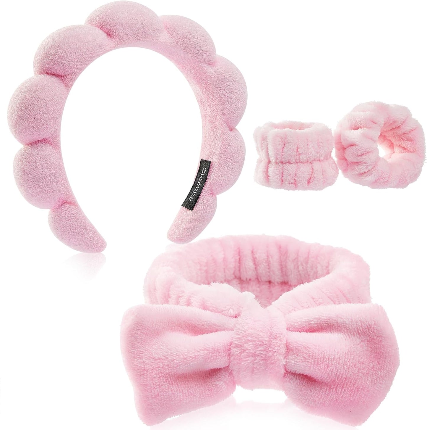 Ztomine spa headband and wristband set front view in pink
