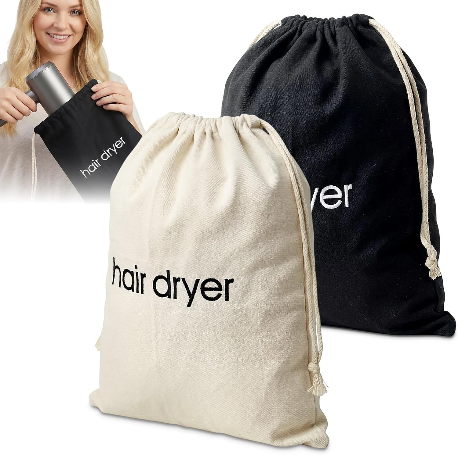 Jaasuee hair dryer bag front view showing embroidered drawstring organizer pouch