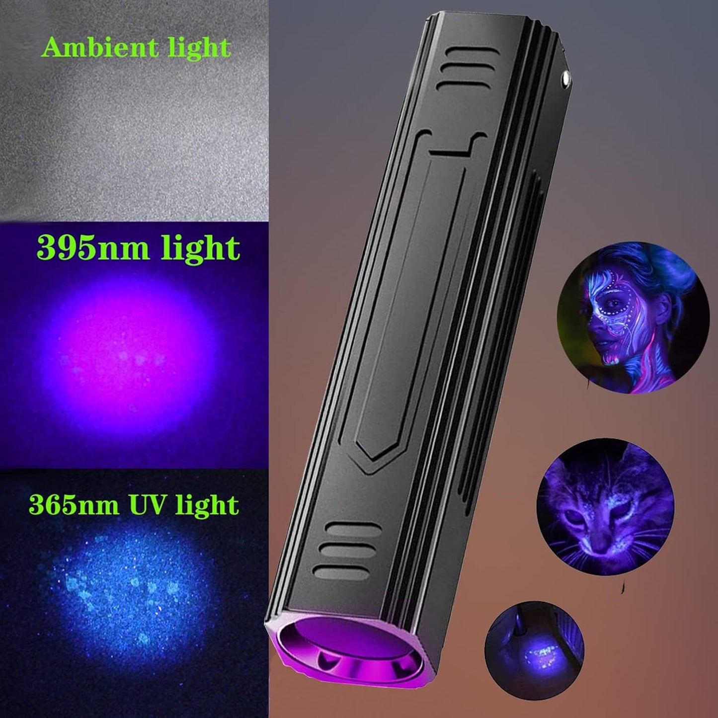Denlydom pet black light detector being used to locate hidden dried urine stains on a living room carpet.