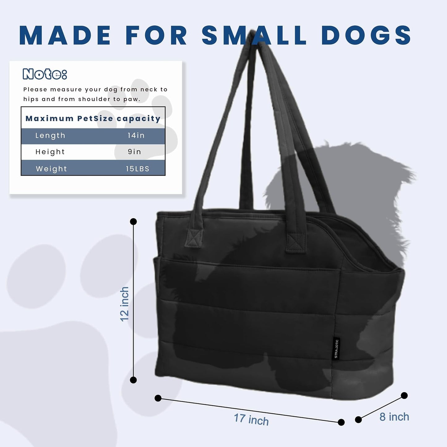 Straodtic quilted pet tote showing internal safety leash clip