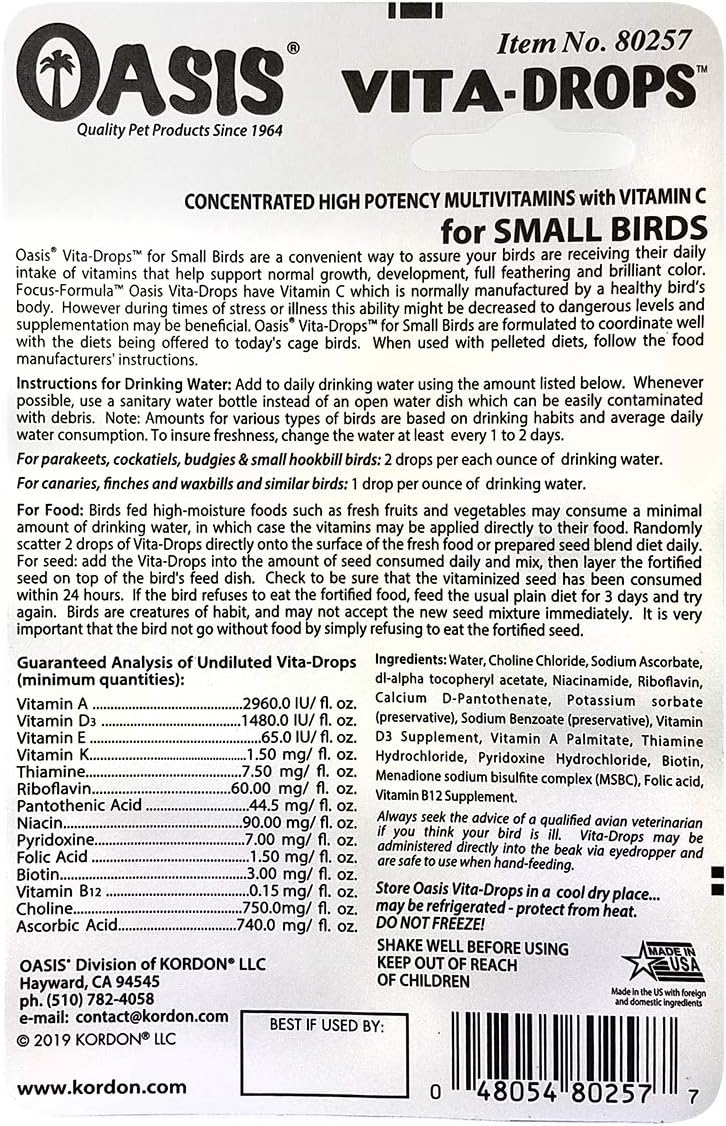 Authentic USA Kordon Oasis Vita Drops bird vitamin packaging