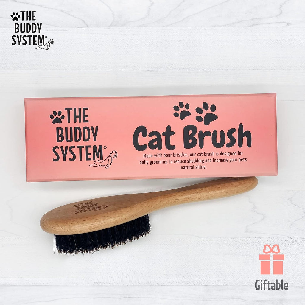 Side view of authentic imported beech wood cat brush showing bristle alignment