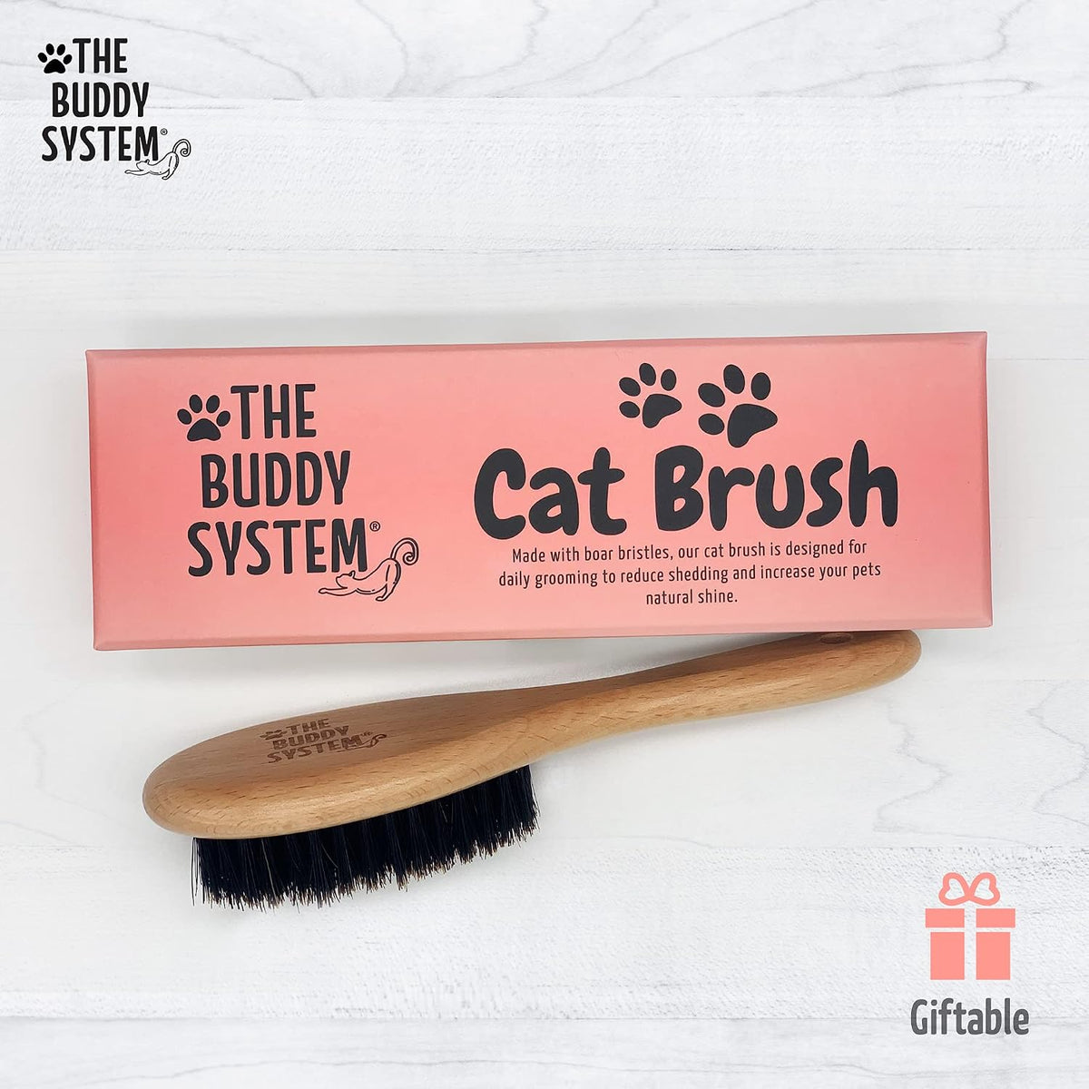 Side view of authentic imported beech wood cat brush showing bristle alignment