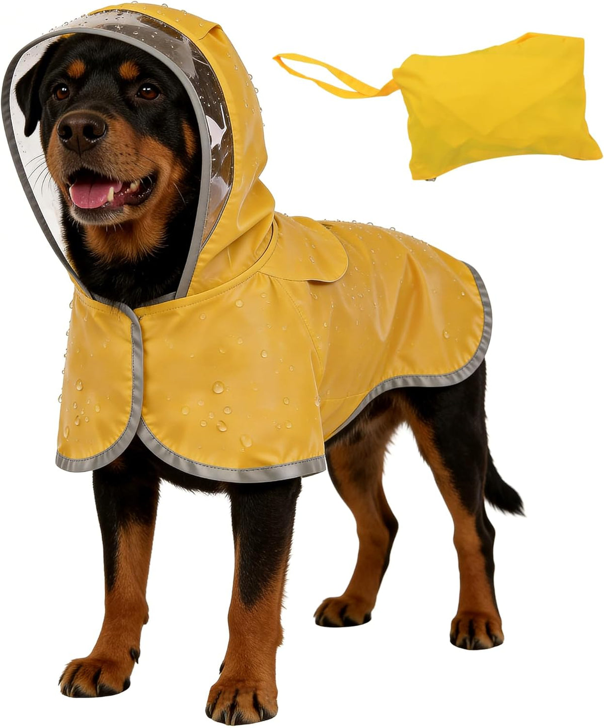 TOPDADA adjustable dog raincoat front view of waterproof jacket on a large dog