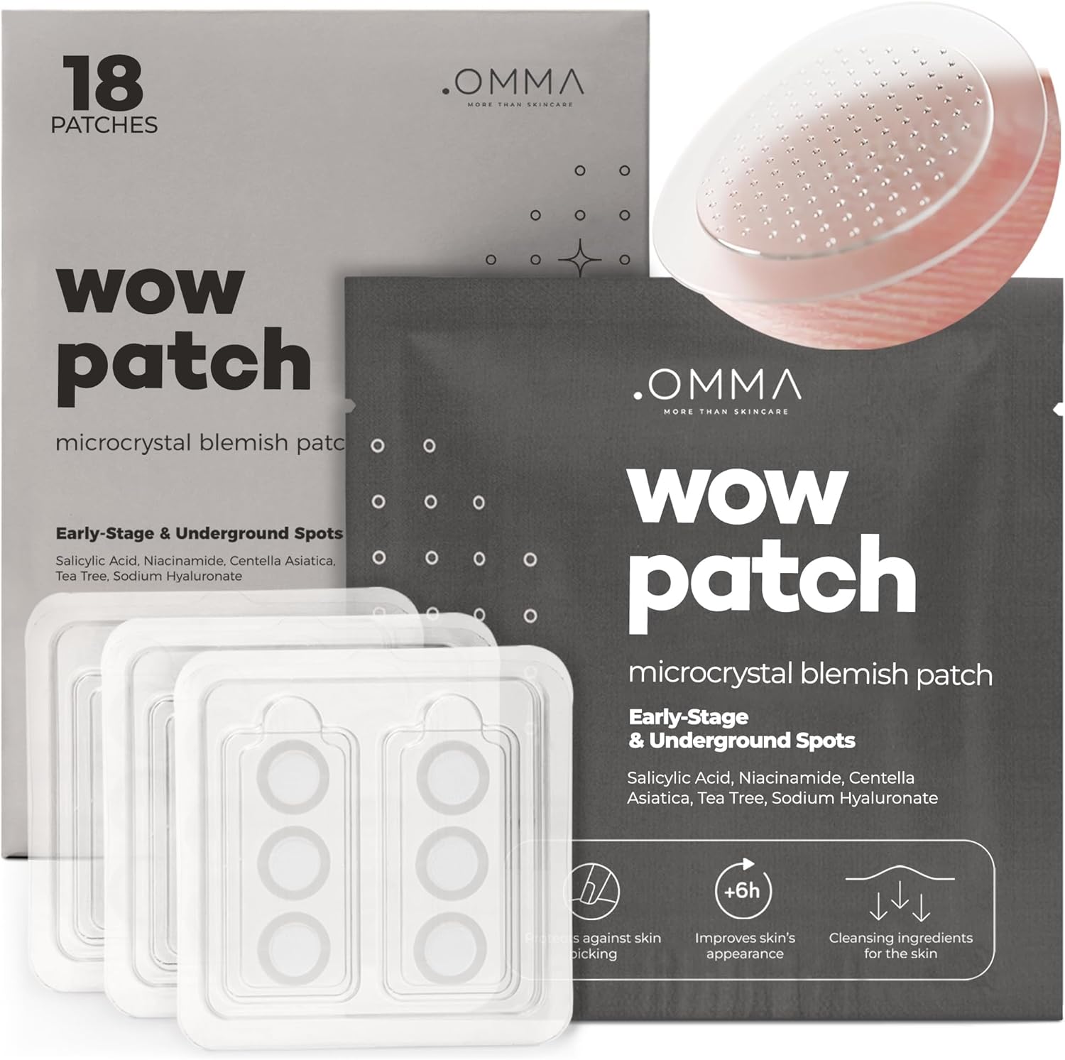 OMMA Korean Microdart Acne Patch front view packaging showing the eighteen count premium cystic pimple stickers.