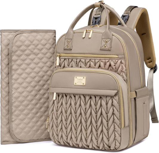 Tealari diaper bag backpack front view in khaki color showcasing the stylish quilted nylon design