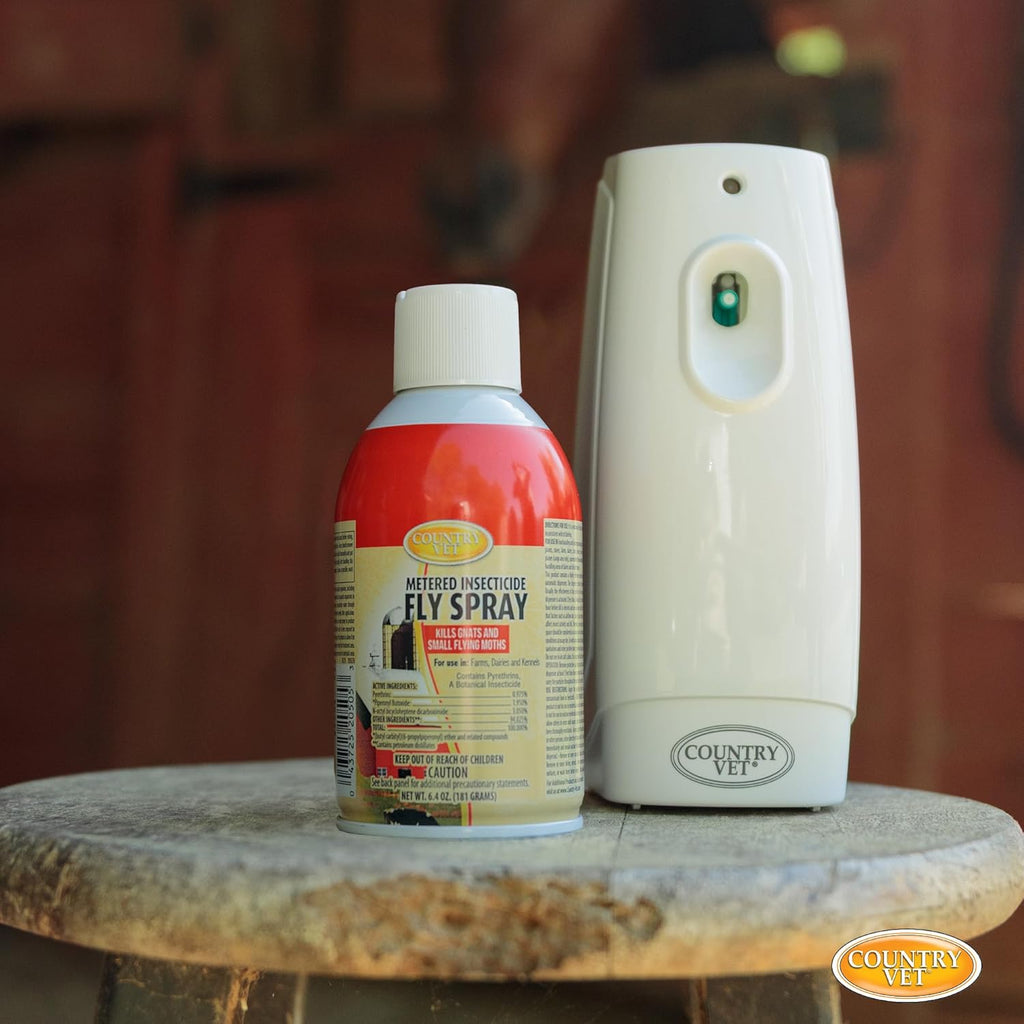 Country Vet professional flying insect control spray can demonstrating appropriate dimensions for mounting.
