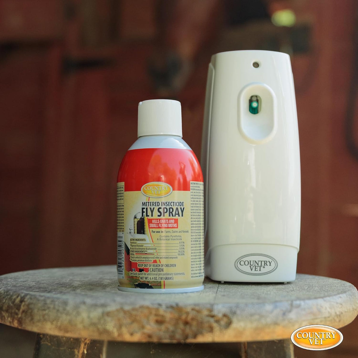 Country Vet professional flying insect control spray can demonstrating appropriate dimensions for mounting.
