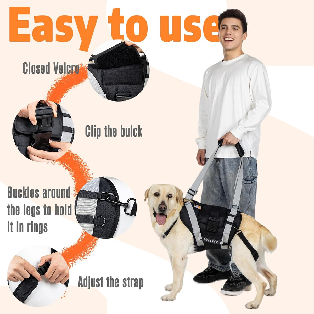 Extra large dog harness with padded handle for mobility support