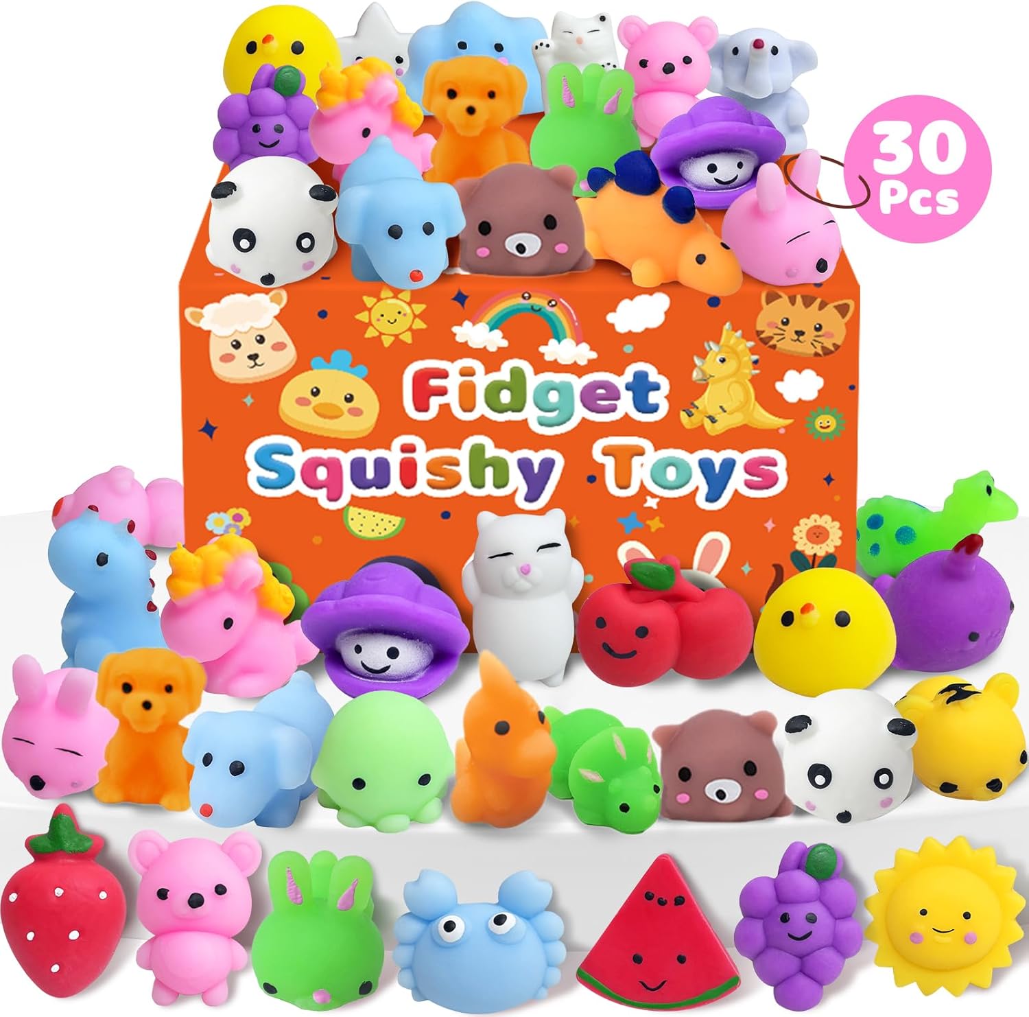 Kidific 30 Pack Squishy Toys front view showcasing various colorful animal and fruit shapes for kids.