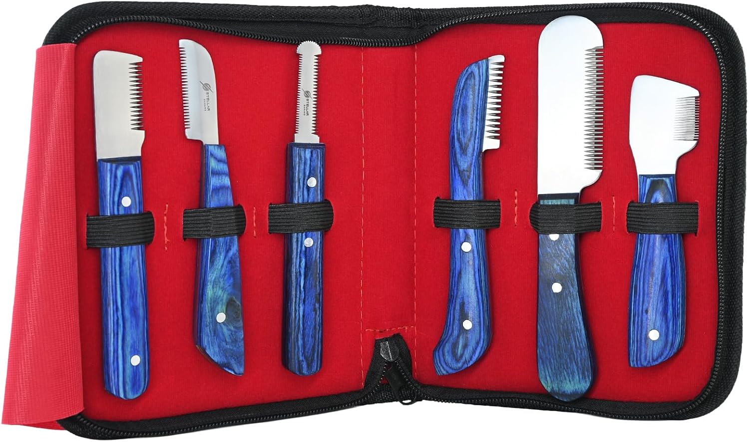 NK eShop dog grooming stripping knife set front view of 6 pieces in red case