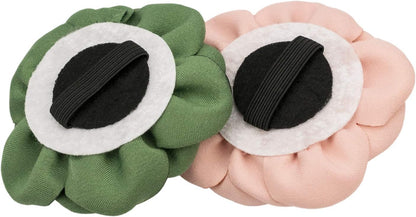 Chiffon dog collar flower charms showing rear elastic bands for slide-on attachment