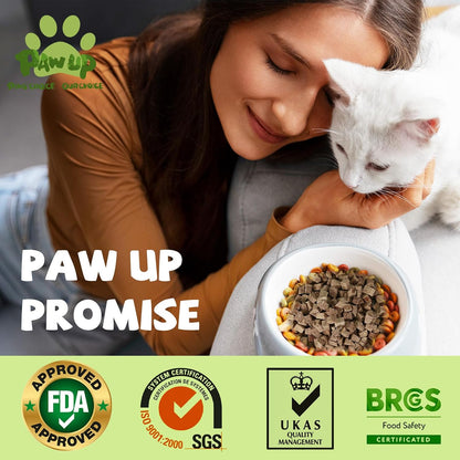 High protein grain free cat treats in a clear plastic container close up view