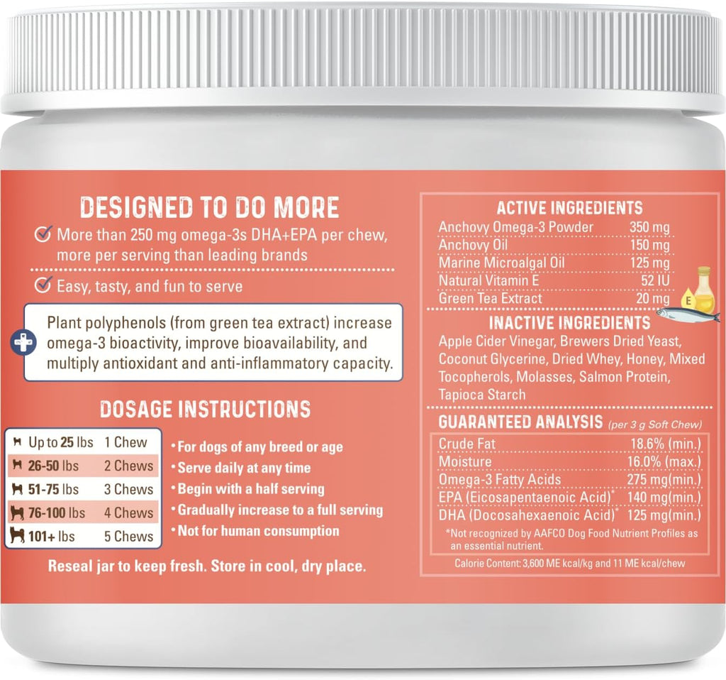 Close up of salmon flavored soft chew dog supplements highlighting the texture and daily pet vitamin form.