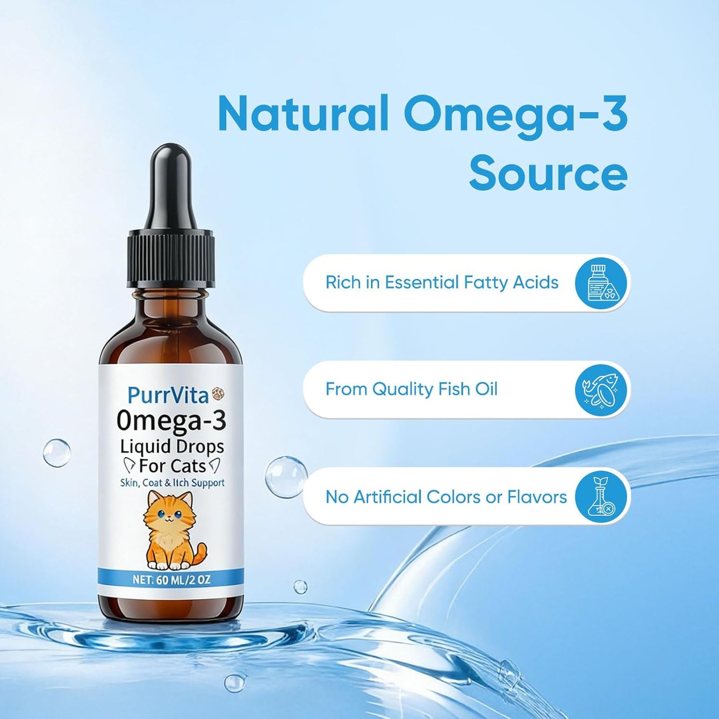 Close-up of the black dropper cap showing liquid consistency of the omega-3 supplement.