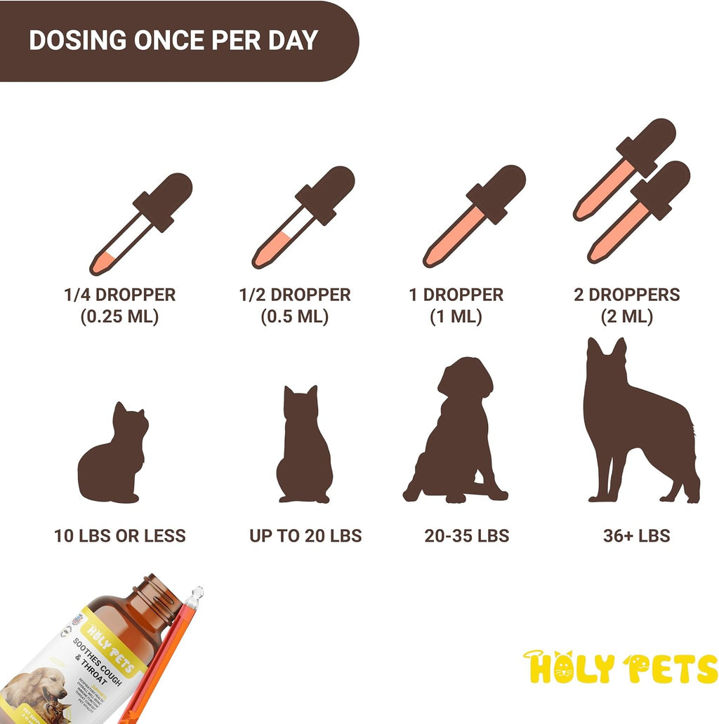Holy Pets soothing throat drops for dogs and cats showing bottle dimensions.