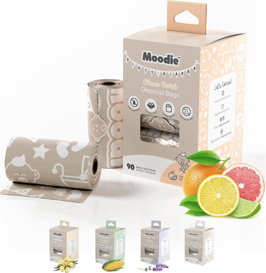 Moodie citrus scented disposable diaper bags front view