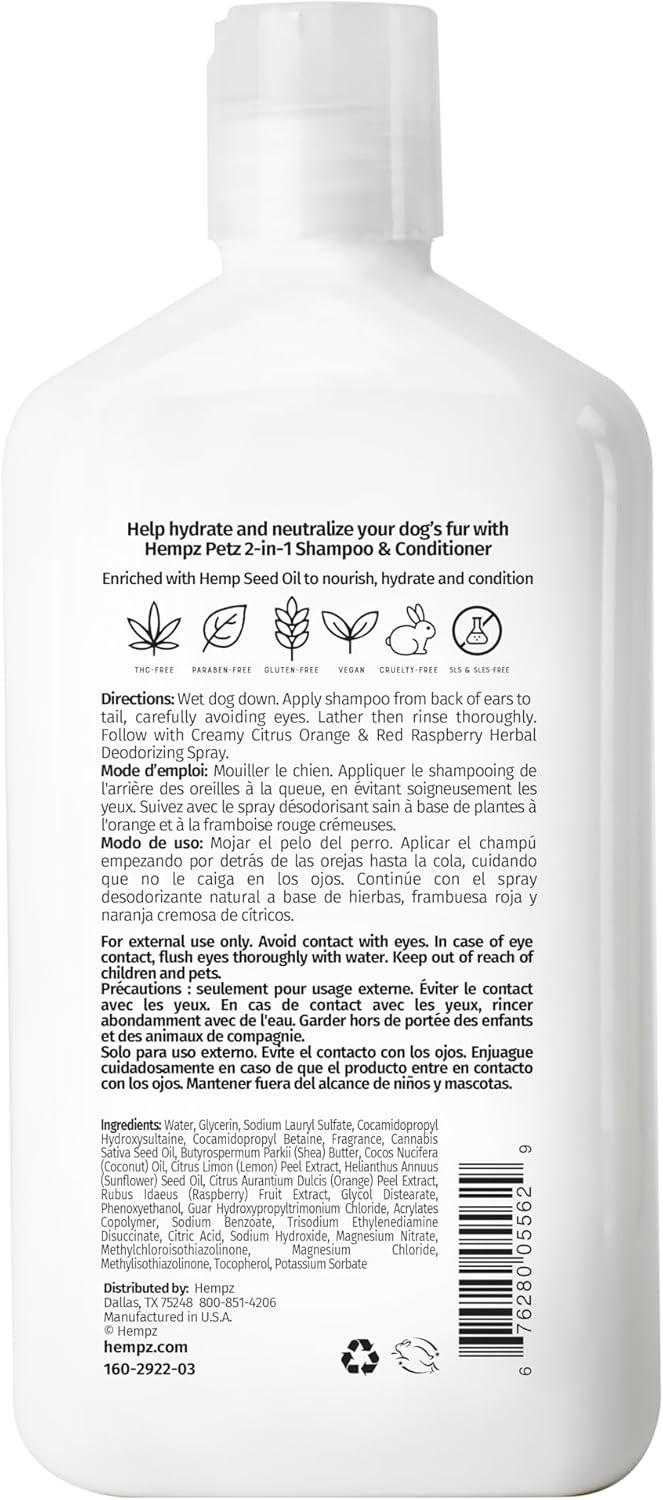 Hempz Petz creamy citrus orange and red raspberry two in one dog wash packaging