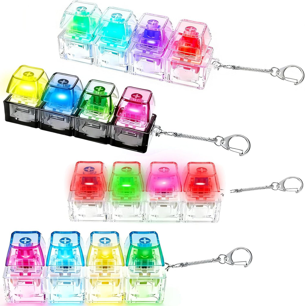 ZMXLVHK fidget keyboard keychain front view showing four colorful transparent clicky mechanical switches with built-in LED lights
