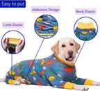 Breathable spay and neuter dog surgical onesie for medium and large dogs.