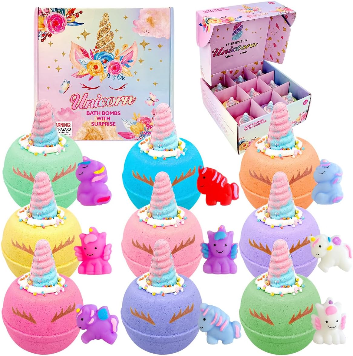 Clear And Fresh unicorn bath bombs front view showing the nine-pack box and rainbow horns.