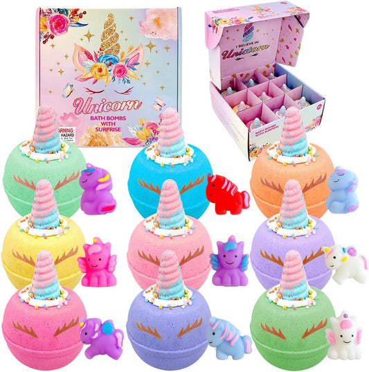 Clear And Fresh Unicorn Bath Bombs front view packaging showing nine colorful organic bath salts for kids.