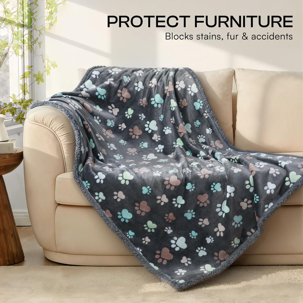 Washable fluffy pet furniture protector spread out on a bed
