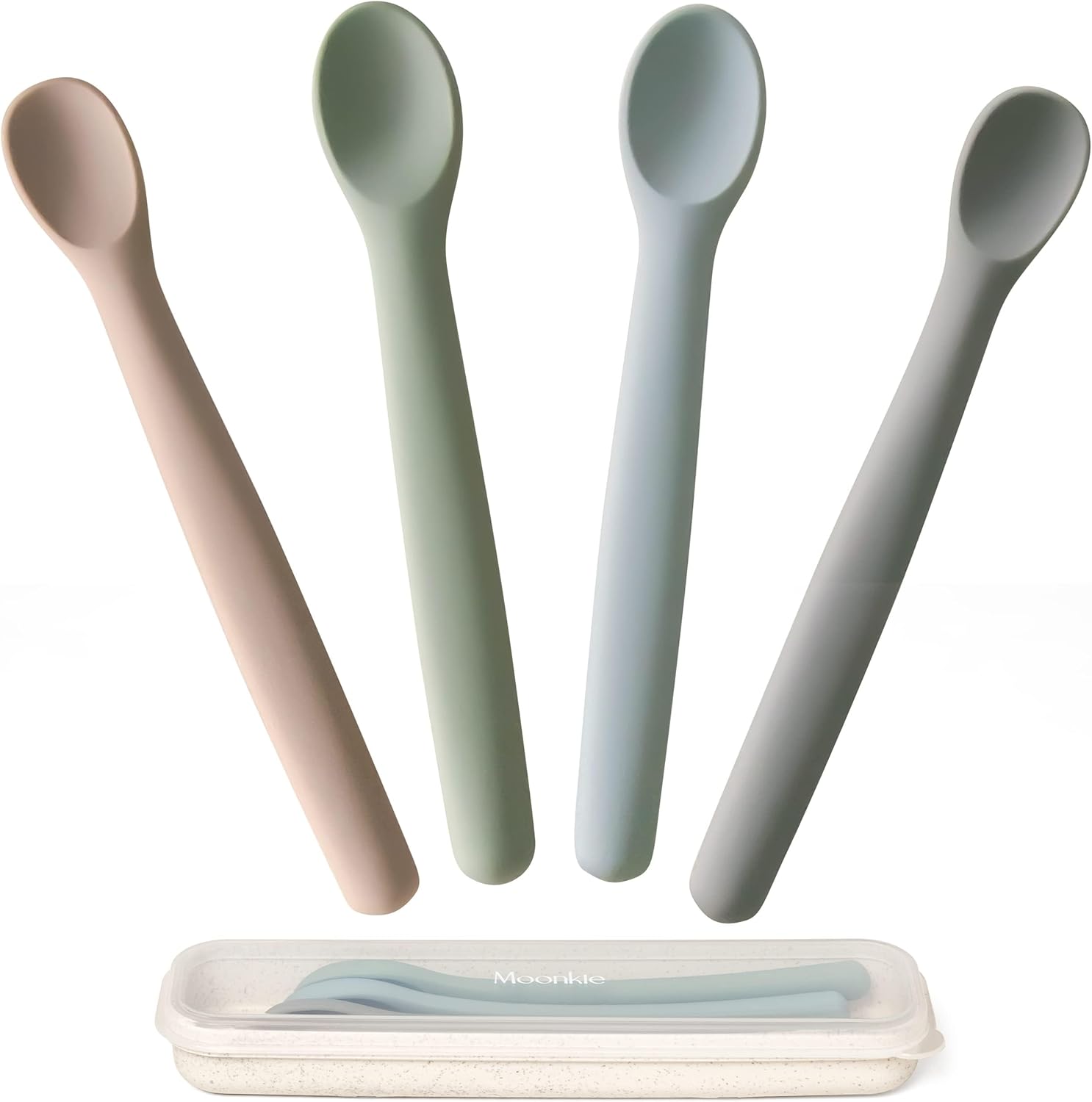 Moonkie Silicone Baby Spoons four pack set front view showing two sizes for self feeding.