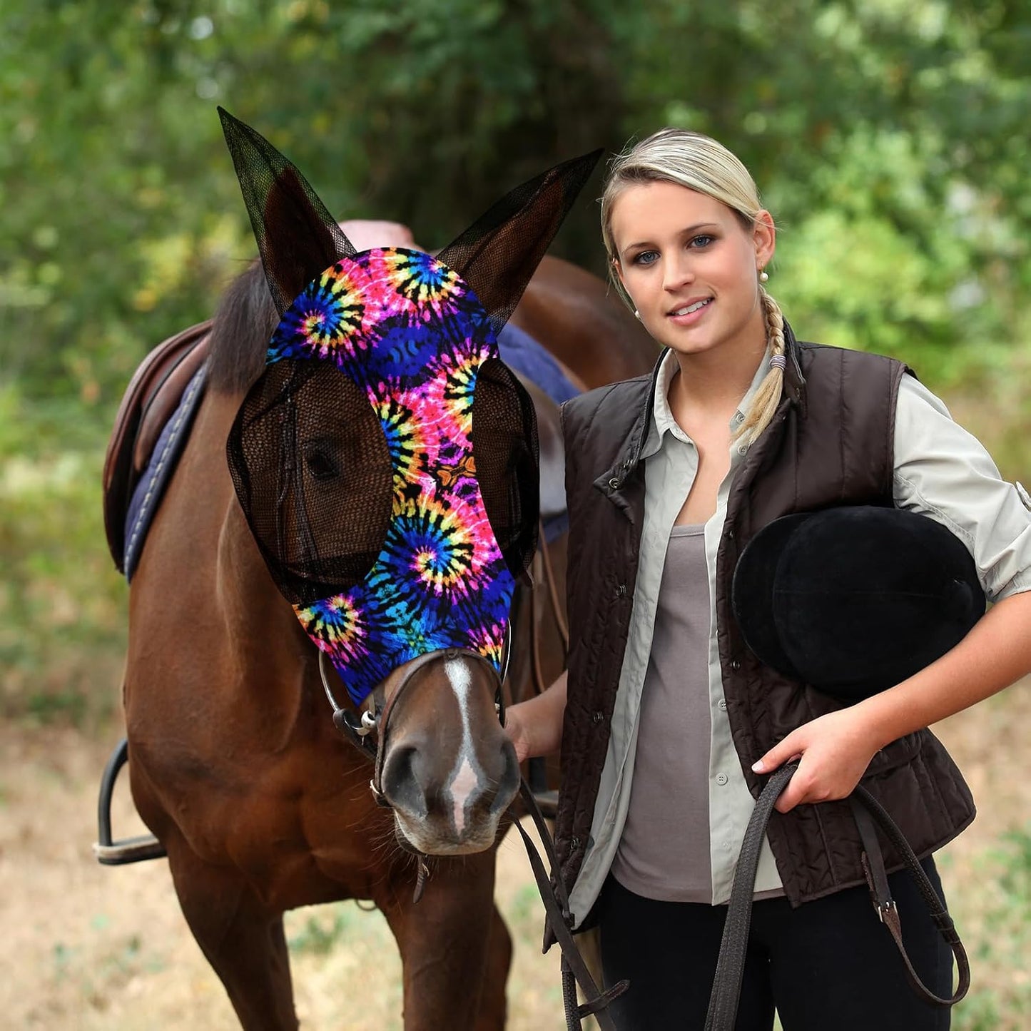 Horse fly mask set showing ear coverage design