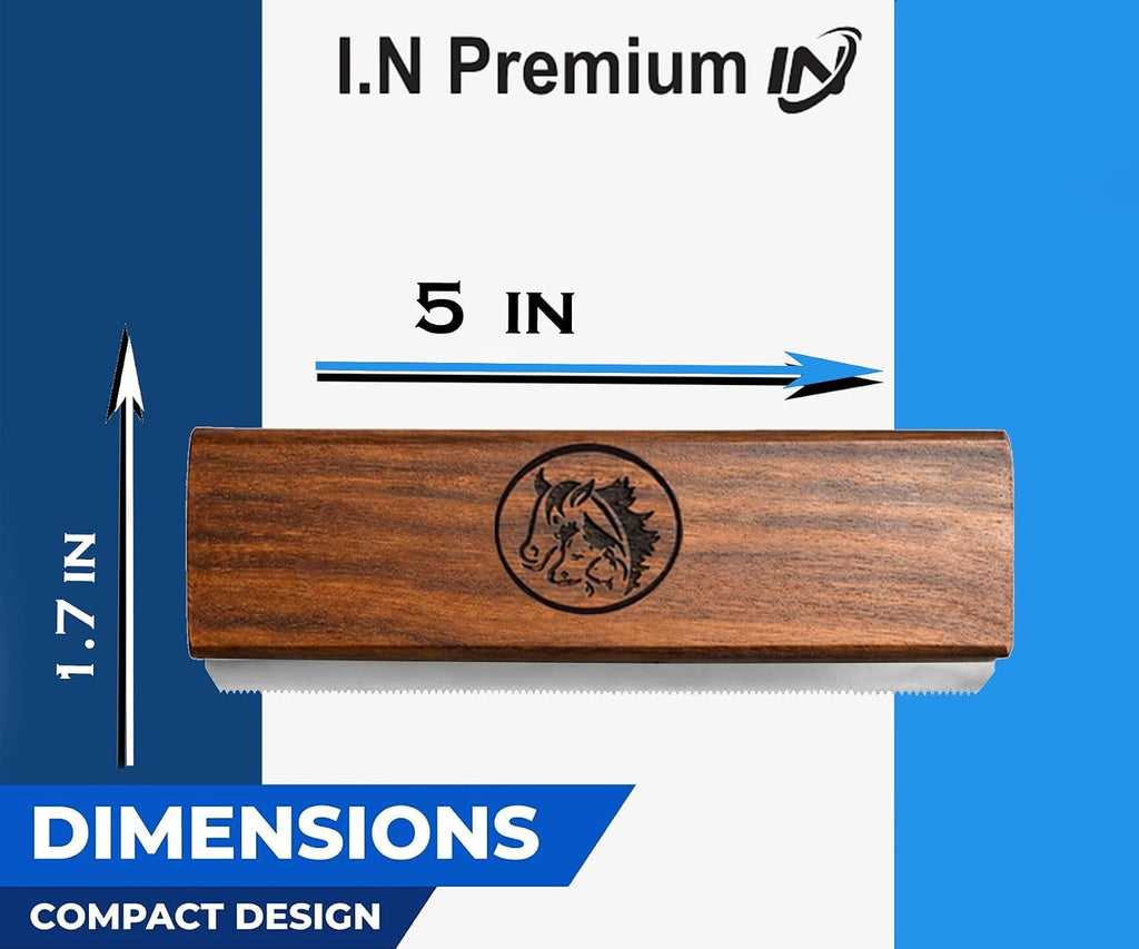 I.N Premium professional pet brush showcasing the laser engraved horse logo on the walnut wood handle.