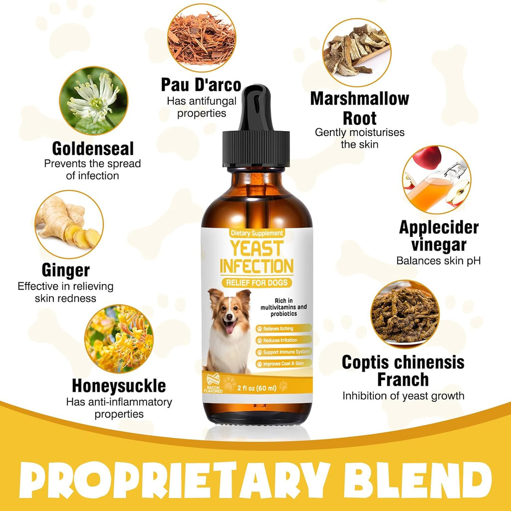 Bacon flavored dog supplement drops for itchy ears and skin relief