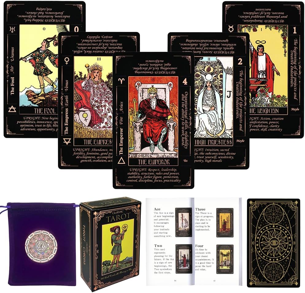 DLAGOMLIFE tarot cards for beginners black learning deck front view showing upright and reversed meanings