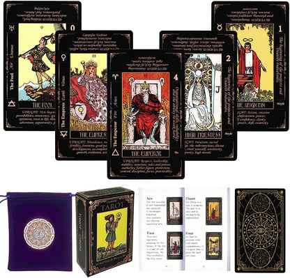 DLAGOMLIFE tarot cards for beginners black learning deck front view showing upright and reversed meanings
