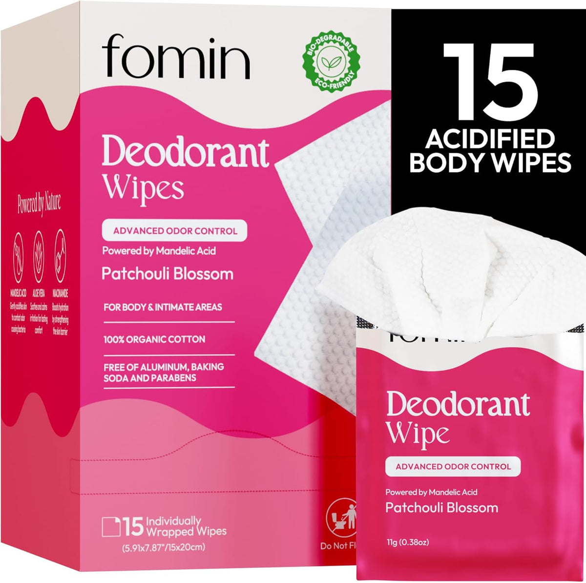 FOMIN Acidified Travel Deodorant Wipes 15 count box front view