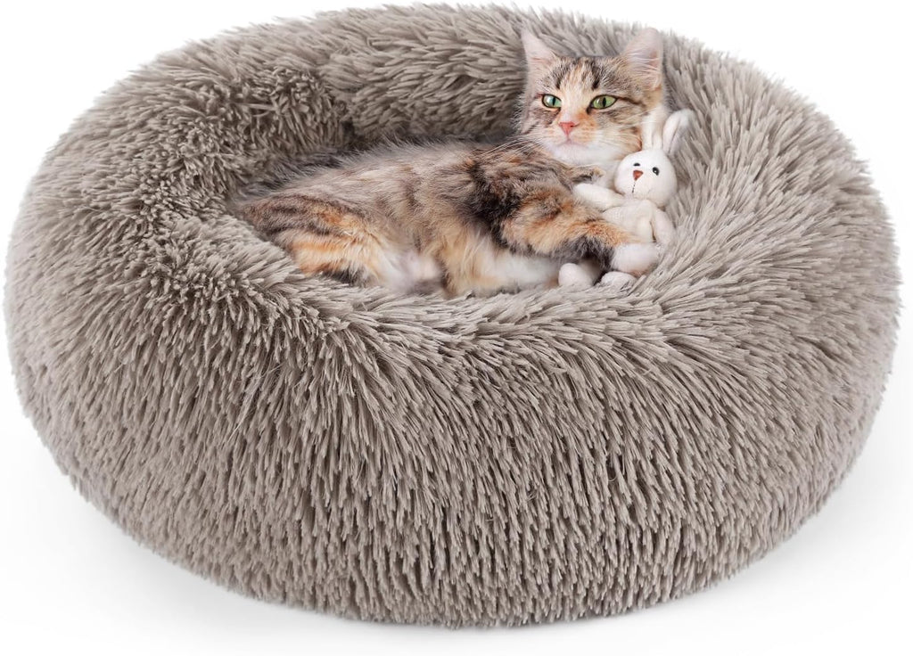 rabbitgoo Calming Cat Beds for Indoor Cats, 20 inches, Dark Grey | Soft Warm Donut, Fluffy Faux Fur, Supportive Raised Rim, Anti-slip, Machine Washable, Up to 15lbs Kittens & Small Cats - Image 14