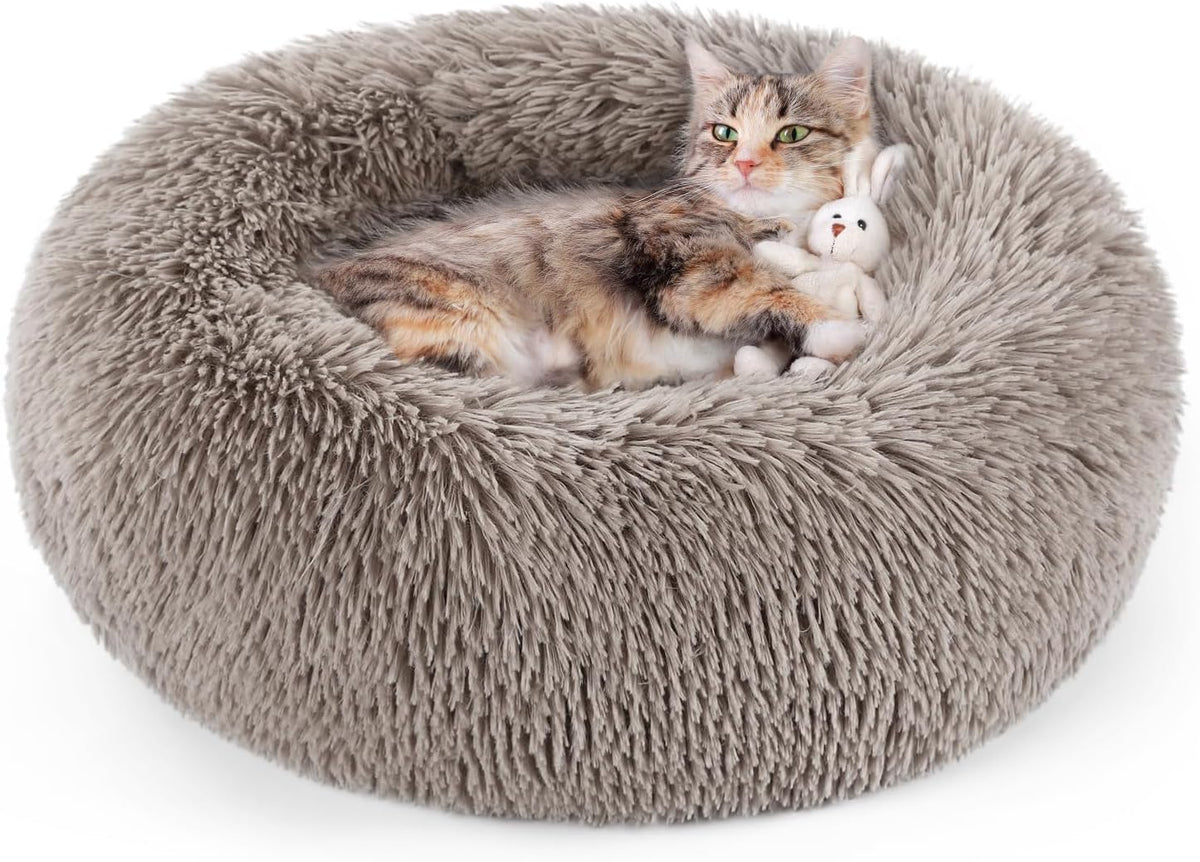 rabbitgoo Calming Cat Beds for Indoor Cats, 20 inches, Dark Grey | Soft Warm Donut, Fluffy Faux Fur, Supportive Raised Rim, Anti-slip, Machine Washable, Up to 15lbs Kittens & Small Cats - Image 14