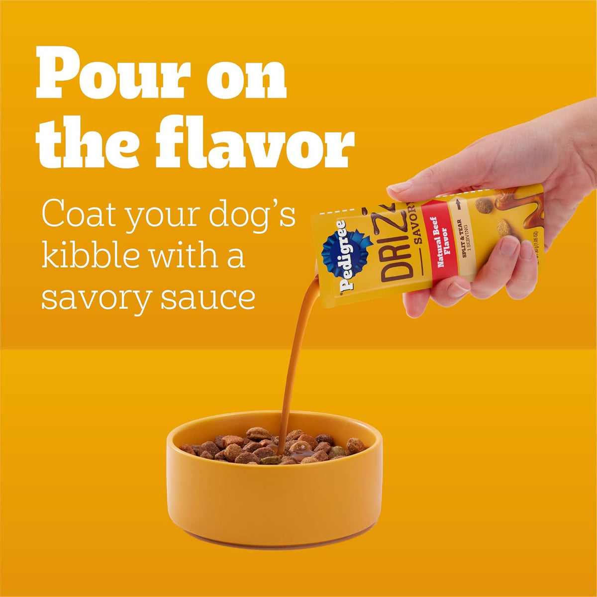 Pouring Pedigree savory sauce gravy onto dry kibble in a dog bowl illustration.