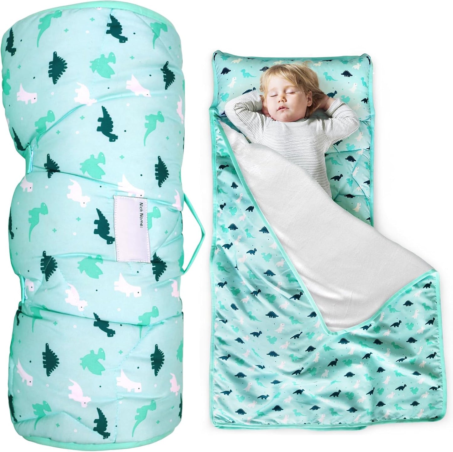 SPRINGSPIRIT Toddler Nap Mat front view showing dinosaur pattern and attached blanket.