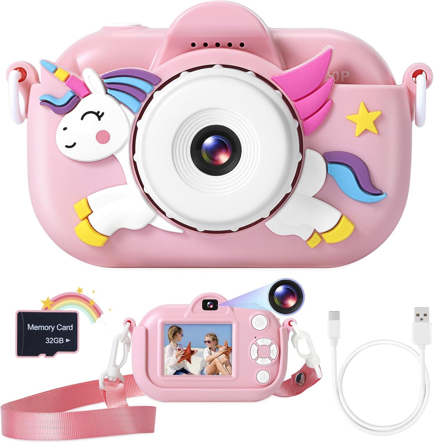 ZUODUN kids digital camera front view showing pink unicorn protective cover