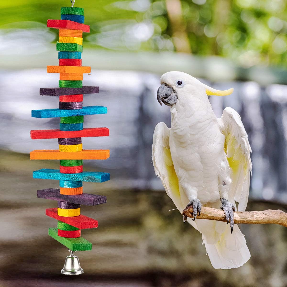 Vibrant multicolored bird chewing sticks with cotton rope knots