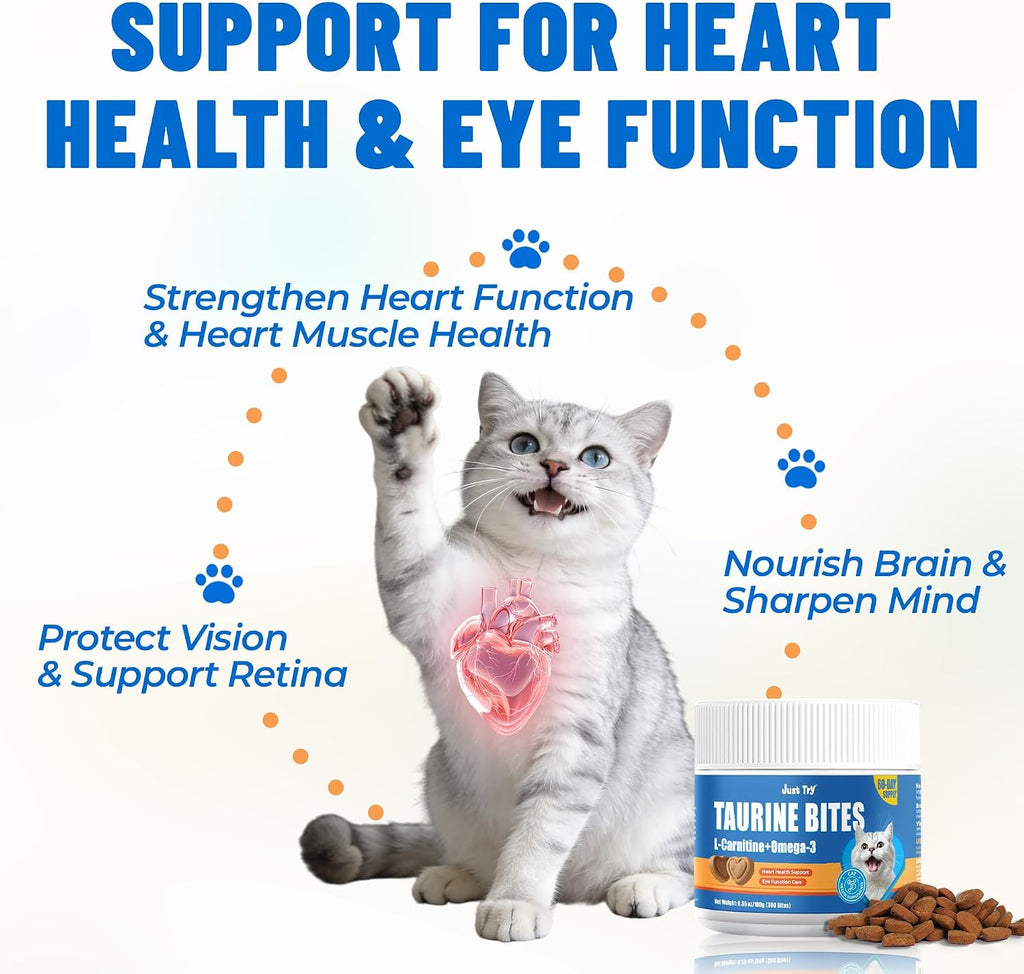 Heart-shaped taurine supplement treats for cat cardiovascular health.