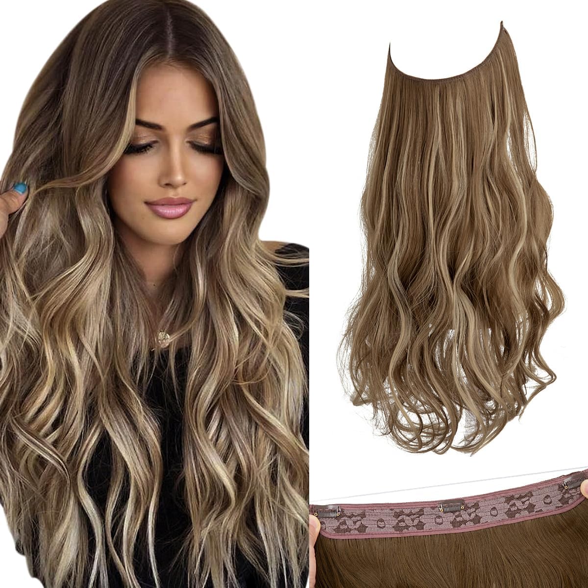 SARLA invisible wire hair extensions front view showing ash medium brown and ash blonde highlights on long wavy hair.